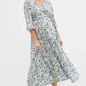Motherhood Maternity Blue and Cream Floral Wrap Midi Dress